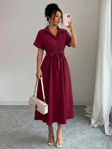 Summer Short Sleeve Shirt Dress Women's Notch Lapel Tie Front Relaxed Fit Solid Flounce Hem Casual Midi - 酒紅色 - 查看 1