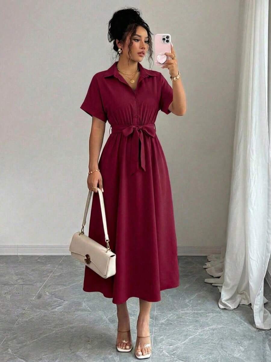 Summer Short Sleeve Shirt Dress Women's Notch Lapel Tie Front Relaxed Fit Solid Flounce Hem Casual Midi - 酒紅色 - 查看 1