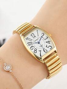 XAPWV 1件装桶形弹力表带阿拉伯数字刻度女士手表，简约商务石英女士手表 - 金色 - 查看 3