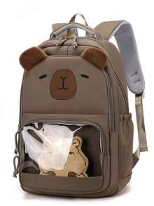 1pc 3D Capybara Embroidery + Transparent PVC Window Nylon Waterproof Large Capacity Multi-Compartment Zipper Closure Cute & Playful Backpack, Suitable For Students And Daily Commute - Multicolor - View 16