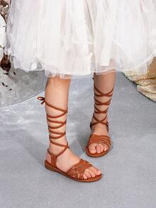 Girls' Striped Woven Fashionable Versatile Lace-Up Flat Sandals - Brown - View 2