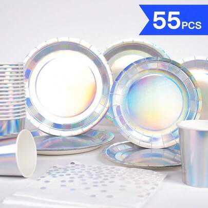 Laser Silver Disposable Plates, Napkins, Cups - One-Time Party Set For 10 Guests, Disposable Paper Plates Suitable For Birthday, Wedding, Theme Party, Family Picnic