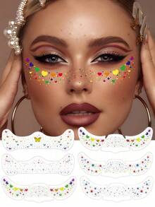 6张彩虹雀斑脸部临时纹身贴纸，彩虹闪光纹身贴纸，防水星星爱心蝴蝶骄傲装饰贴纸，适合夏季骄傲游行和节日活动 - 彩色 - 查看 9