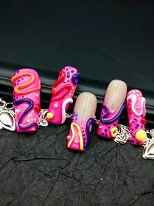 10pcs Square Fake Nails, Hot Pink & Blue Multicolor Nail Art, Handmade Nail Powder, Hand-Painted 3D Wave Texture Pattern, Colorful Line Y2K Style Wearable Nail Set, Suitable For Women Daily Party (Includes: 1pc Gel Glue And 1pc Buffing Block), Nail Art Supplies - Multicolor - View 3