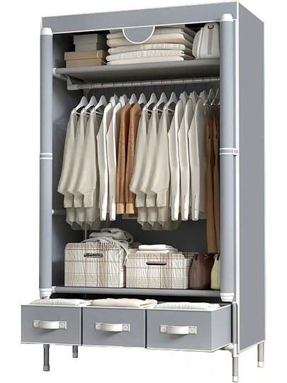 Portable Clothes Closet Rolling Door Wardrobe With Hanging Rack Non-Woven Fabric Storage Organizer With Three Drawer Boxes No-Tool Assembly - 35.4 X 17.7 X 67.0 '' (Gray)