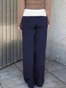 Sunny Girly Summer Y2K Back To School Casual Home Waistline White Pleated Patchwork Straight Pants - 藏蓝色 - 查看 6