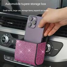 1pc Car Air Vent Rhinestone Decor Storage Bag, Hanging Car Organizer Box, Practical Car Interior Accessory, Elegant Rhinestone Design, Fits Multiple Car Models - Diamond-encrusted Air Vent Storage Box - View 2