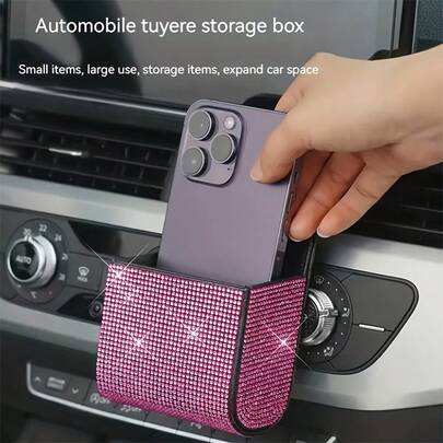 1个汽车空调出风口水钻装饰收纳袋，悬挂式汽车整理盒，实用汽车内饰配件，优雅水钻设计，适用于多种车型