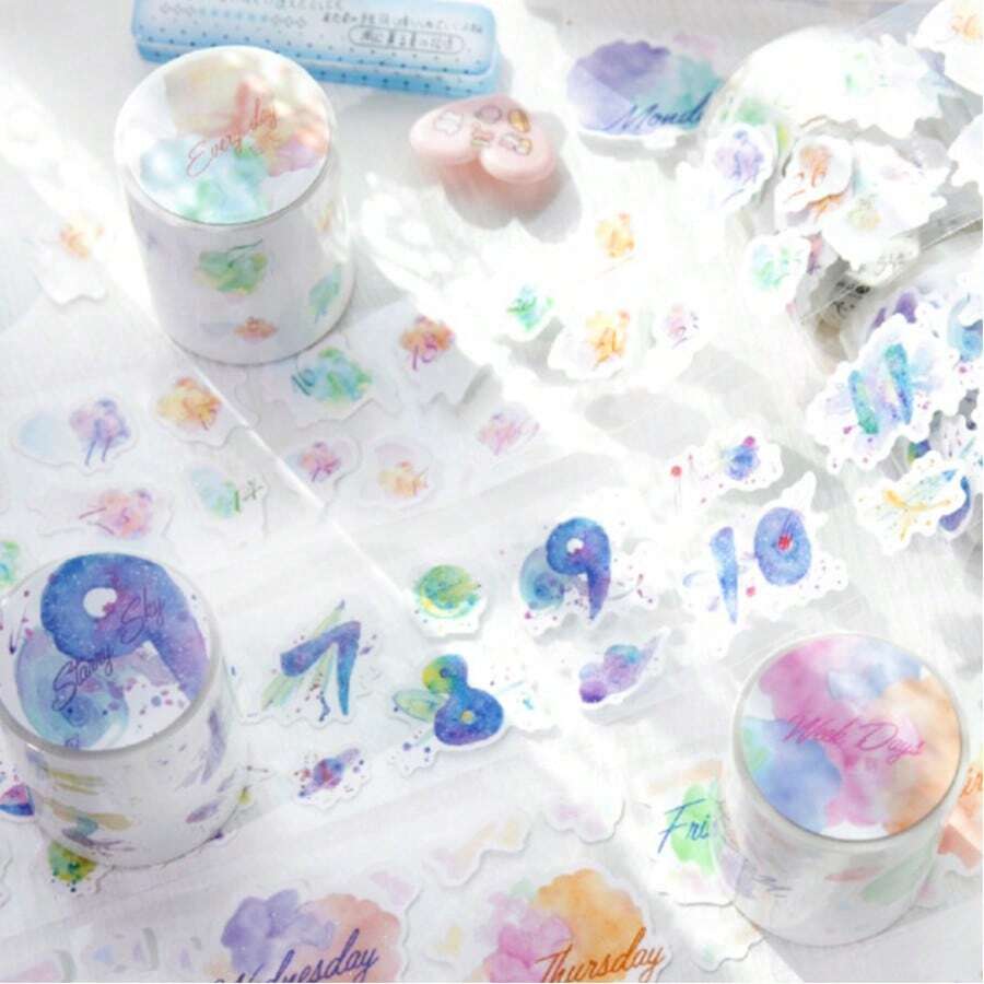 Laser Cut Shiny Decorative Tape With Numbers, Starry Sky & Cloud Series Decorative Materials, Synthetic Paper Shiny Laser Cut Washi Tape For Scrapbooking DIY Stickers - D - View 1