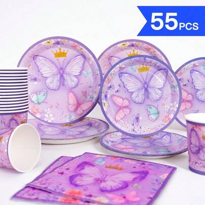 Purple Butterfly Crown Disposable Plates, Napkins, Cups - 10 Guest Party Supplies Set, Suitable For Birthday, Wedding, Theme Party, Family Picnic