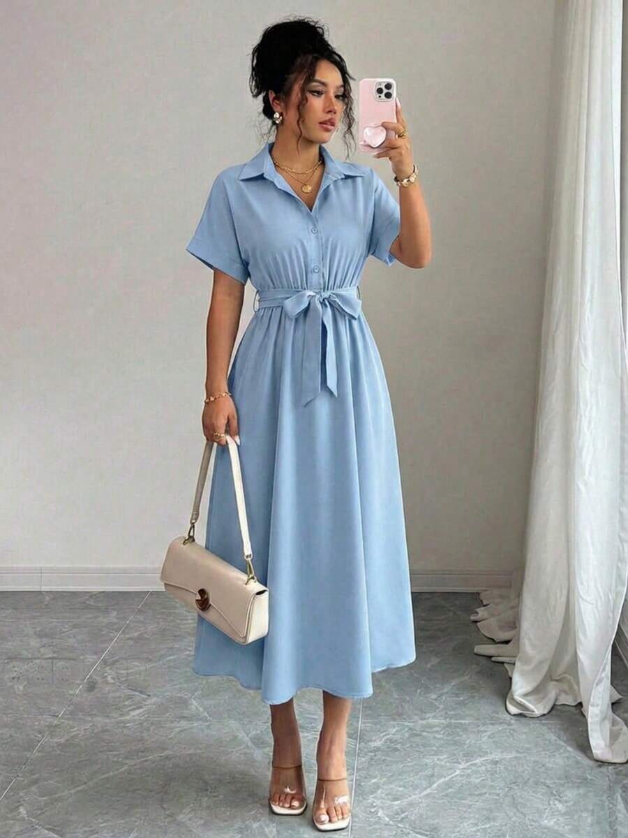 Summer Short Sleeve Shirt Dress Women's Notch Lapel Tie Front Relaxed Fit Solid Flounce Hem Casual Midi - 淺藍色 - 查看 1