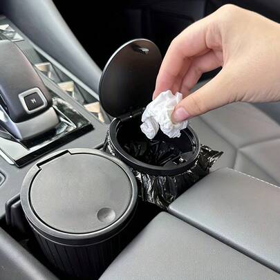 Universal Car Cup Holder Trash Can With Pop-Up Lid ,Premium Round Car Trash Can , With 30 Trash Bags, Fits Cup Holder & Armrest Box, ABS Ergonomic Design For Hands-Free Car, Home & Office Waste Disposal