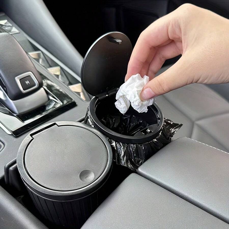 Universal Car Cup Holder Trash Can With Pop-Up Lid ,Premium Round Car Trash Can , With 30 Trash Bags, Fits Cup Holder & Armrest Box, ABS Ergonomic Design For Hands-Free Car, Home & Office Waste Disposal