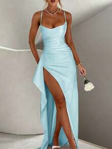 Sy-Elegant Sexy Satin Strapless Off Shoulder Frill Trim Waist Party Dress, Bridesmaid Dress, Formal Gown. - 淺藍色 - 查看 7