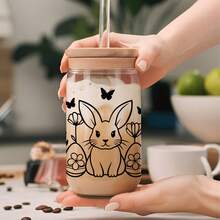 4张兔子和花朵图案的UV DTF转印贴纸，适用于16盎司Libbey玻璃杯（9.4x4.3英寸），可爱纯色花朵防水贴纸，无需加热 - 兔子花 - 查看 10