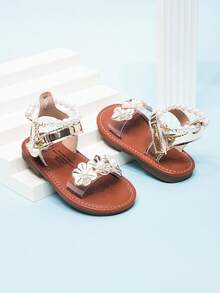 Cute White Infant Sandals With Pearl Chain & Hook And Loop Ankle Strap - Gold - View 2