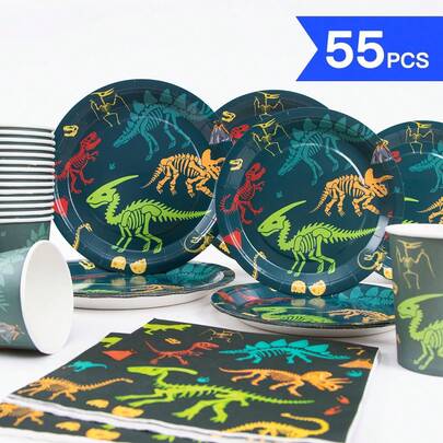 Dinosaur Fossil Disposable Plates, Napkins, Cups - One-Time Party Set For 10 Guests, Disposable Paper Plates Suitable For Birthday, Wedding, Theme Party, Family Picnic