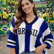 Women's Brazil Knit Lace Shirt, V-Neck, Short Sleeve, Striped, Casual Chic Winter 2025, Striped Blouse, Women's Lace Shirt, Brazil Cup Look, Comfortable Knit, Modern Style - 黃色 - 查看 2
