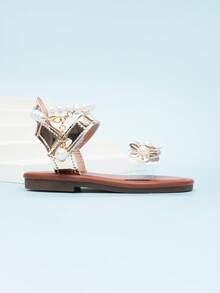 Cute White Infant Sandals With Pearl Chain & Hook And Loop Ankle Strap - Gold - View 6