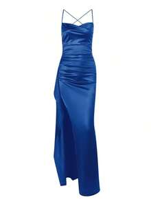 Sy-Elegant Sexy Satin Strapless Off Shoulder Frill Trim Waist Party Dress, Bridesmaid Dress, Formal Gown. - 寶藍色 - 查看 5