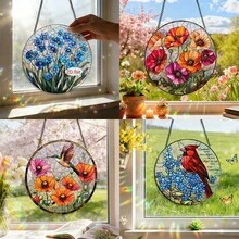 1件彩绘玻璃阳光捕捉器装饰品，圆形，图案包括蜂鸟、罂粟花、红雀和蓝色花朵。 - 掛飾 - 查看 7