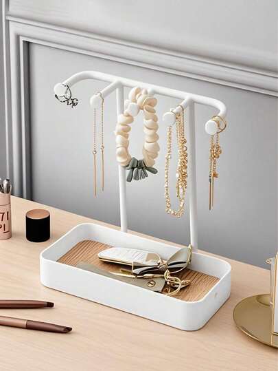 Jewelry Display Stand, Earrings, Necklaces, Rings, Bracelets Jewelry Storage Rack, Desktop Dressing Table Wooden Base Hanging Bracket, Necklace Display Stand, Jewelry Hook, Suitable For Necklaces, Bracelets, Earrings, Rings, Keys, Watch Rack (White, Black, Pink)