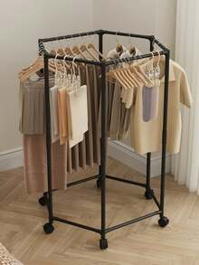 360° Rotating Hexagonal Wheeled Garment Rack, Heavy-Duty Rolling Clothes Rack, Space-Saving, Sturdy Metal Floor Standing Multi-Rod Clothing Rack, Suitable For Bedroom, Dorm And Balcony, Rotating Clothes Rack, Portable Wardrobe Rack, Freestanding Garment Rack, Retail Clothing Display Rack, Laundry Room Storage Rack, Home Decor, Room Decor, Wardrobe Storage Rack - Multicolor - View 1