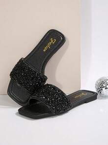 Plus Size Women's Slip-On Flat Sandals, Black Square Toe Rhinestone Non-Slip Soft Bottom Lace-Up Beach Slippers, Fashionable With Dresses, Suitable For Beach, Housewife's Choice - Black - View 5