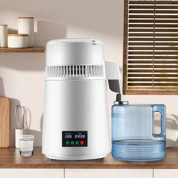 4L/1.1 Gal Brushed 304 Stainless Steel Water Distiller, Countertop Distilled Water Machine With Glass Container, Dual-Temperature Display And Smart Switch, Purifier Filter For Home Office