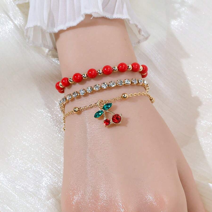 3 piezas Pulsera con colgante de cereza con cuentas de moda y capas, adecuada para mujeres