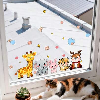 可爱动物窗贴 2D 平面大象兔子熊图案墙贴 窗户和墙贴 - 防水PVC贴纸，适用于窗户、镜子、淋浴门、隔断 - 粘贴式