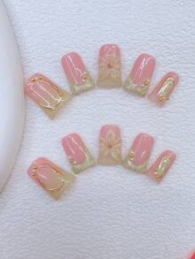 10 Stücke Y2K Nägel Schicke Entenschnabel Aufklebe-Nägel Set - handgefertigt, rosa Nägel, grüne Nägel, grün und rosa Farbverlauf Französische Spitzen Nägel, handgemachte 3D Blumen, 3D grüne Blumen Nagelkunst, handgezeichnetes Goldmuster und funkelndes Nageldesign, weiße Perle und kleine goldene Stahlkugel Akzente, zarte anmutige handgemachte Aufklebe-Nägel - Verschiedenfarbig - Übersicht 11