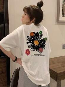Women's Loose Fit Round Neck Short Sleeve Letter & Floral Print T-Shirt, Spring/Summer Casual White - White - View 3