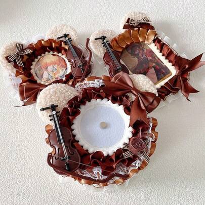 1pc New Chocolate Brown Photo Card Holder With Badges, Handmade Plush Violin Bear Ears Bow Accessories, Anime Cartoon Game Character Decoration Card Holder, Idol Fan Supplies, Transparent Lolita Badge Holder