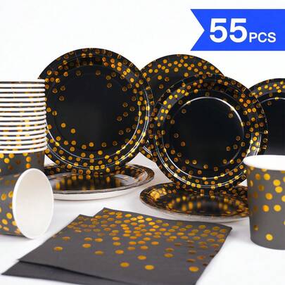 Black Background Gold Polka Dot Disposable Plates, Napkins, Cups - One-Time Party Supplies Set, Suitable For 10 Guests, Disposable Paper Plates Party Tableware For Birthday, Wedding, Theme Party, Family Picnic