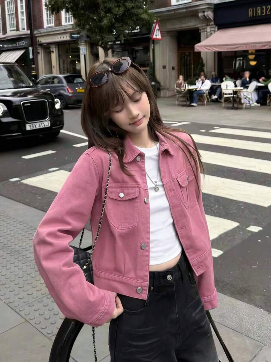 1件女款粉色牛仔夾克,秋季短款休閒寬鬆外套上衣 - 粉色 - 查看 1