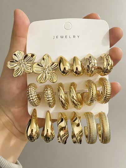 6-18件新款时尚轻盈多元素花朵耳环，适合全年日常佩戴，低过敏性女士耳环