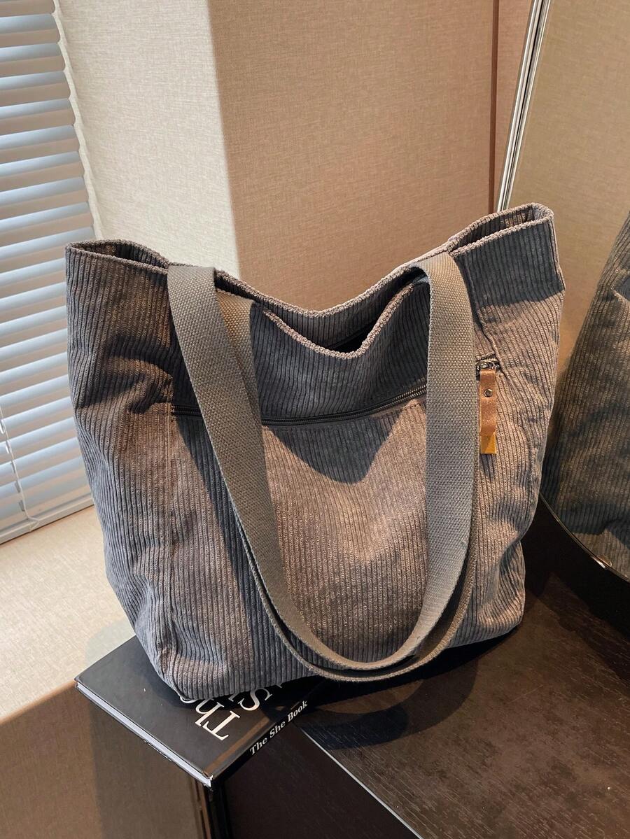 极简主义女士单肩包，灯芯绒面料手提包，大容量可折叠女士手提包，时尚购物袋，学生背包