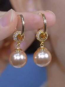 1 Pair Niche Design Elegant Fully Rhinestoned Champagne Pearl Earrings, Sophisticated Delicate Unique Earrings For Women - Champagne - View 6