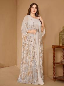 SUPGIR فستان عباية فضفاض مع أكمام خفافيش مرصع بالترتر للنساء كبيرات الحجم، وفستان بدون أكمام، ملابس رسمية أنيقة للربيع - لون شمبانيي - مشاهدة 4