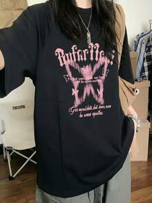 夏季新款女士小众设计蝴蝶印花圆领休闲百搭 T 恤，适合青少年 - 黑色 - 查看 2