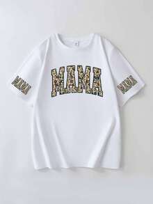 Áo thun nữ mùa hè in chữ MAMA họa tiết rằn ri, cổ tròn, tay ngắn, kiểu dáng thường ngày, thích hợp cho Ngày của Mẹ. - trắng - Xem 2