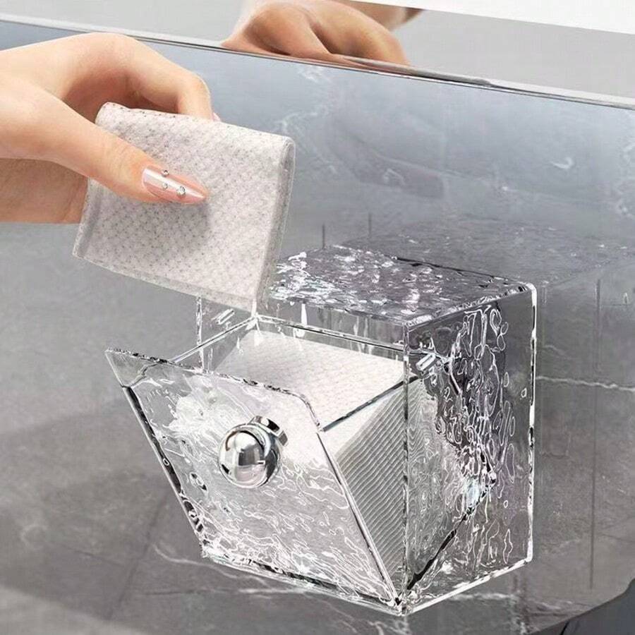 2pcs Expandable Wave Pattern Cosmetic Storage Box - Plastic Wall-Mounted Makeup Organizer For Pads, Cotton Swabs, Vanity, Bathroom - No Power Required Lipstick Holder Wall Mount Bathroom Vanity Makeup Mirror Cabinet Cotton Swabs Small Sundries Storage Rack - Transparent - View 1