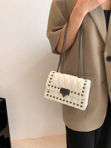 极简时尚小方包，新款复古铆钉别致单肩包/斜挎包，女士款 - 白色 - 查看 7