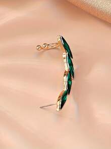 1pc Women's Elegant Retro Ear Cuff Earrings, Asymmetrical Oval Green Inlaid Design, Suitable For Daily Wear And Parties - Golden Yellow+Green - View 2