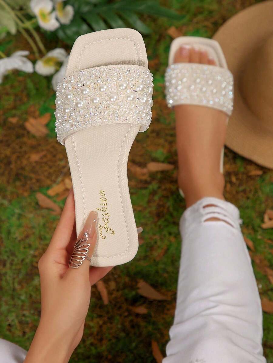 Plus Size Women's Slip-On Flat Sandals, Black Square Toe Rhinestone Non-Slip Soft Bottom Lace-Up Slippers, Fashionable With Dresses, Suitable For Beach, Housewife's Choice - White - View 1