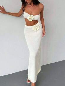 Vivid Style 女士镂空花卉波西米亚风沙滩露脐吊带短上衣和高腰长裙套装，适合海滩度假、派对、时尚、优雅、浪漫的夏季装扮 - 杏色 - 查看 6