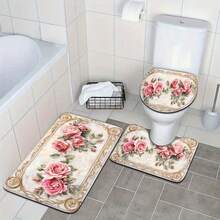3pcs Mother'S Day Pink Rose Pattern Bathroom Mat Set With Toilet Seat Cover And U-Shaped Foot Mat - Nhiều màu - Xem 2