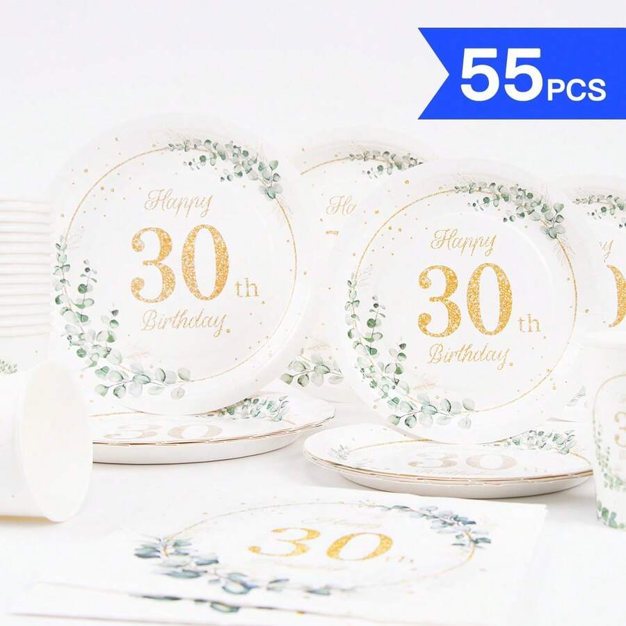 Bộ đồ dùng tiệc sinh nhật lần thứ 30 gồm đĩa, khăn ăn và cốc giấy họa tiết lá xanh, dành cho 10 khách, dùng một lần, thích hợp cho sinh nhật, đám cưới, tiệc theo chủ đề, dã ngoại gia đình. - Kiểu 4 - Xem 1