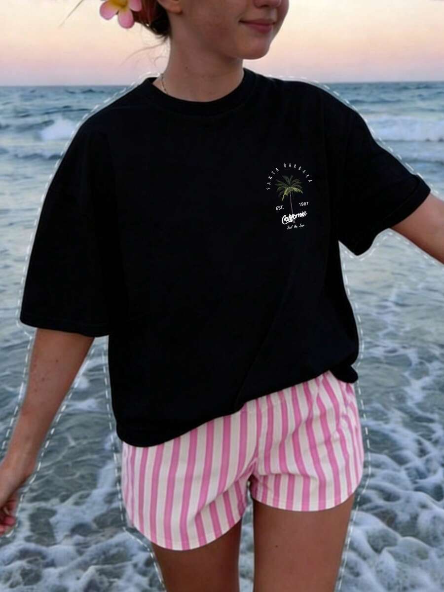 1 chiếc áo thun tay ngắn cho bé gái tuổi mới lớn, áo mùa hè phù hợp cho học sinh, chuẩn bị cho chuyến đi biển - màu đen - Xem 1